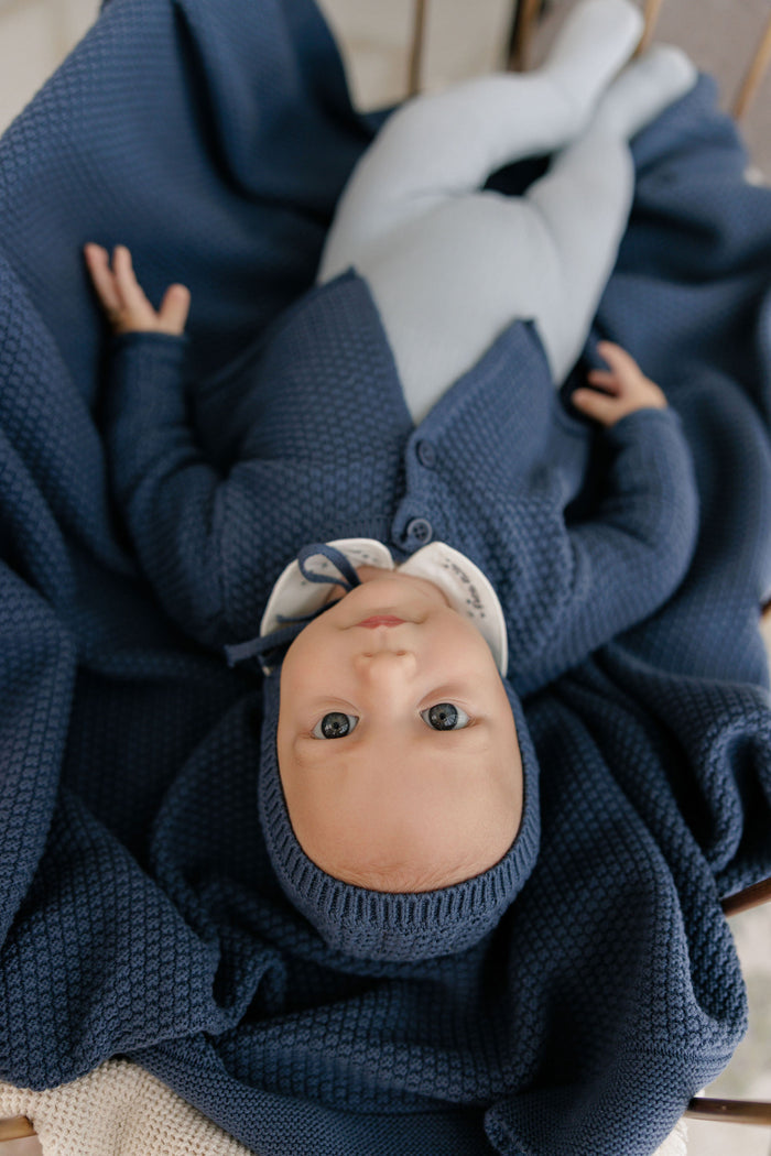 Baby Boy Bonnet – Blue – Floral Star Knit
