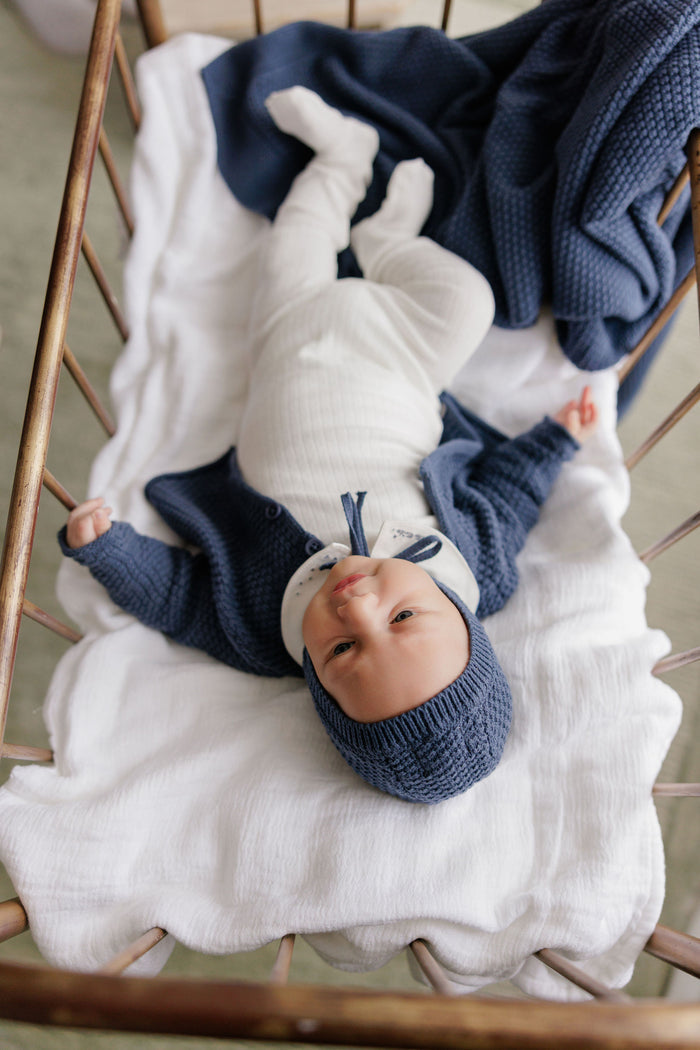 Baby Boy Bonnet – Blue – Floral Star Knit