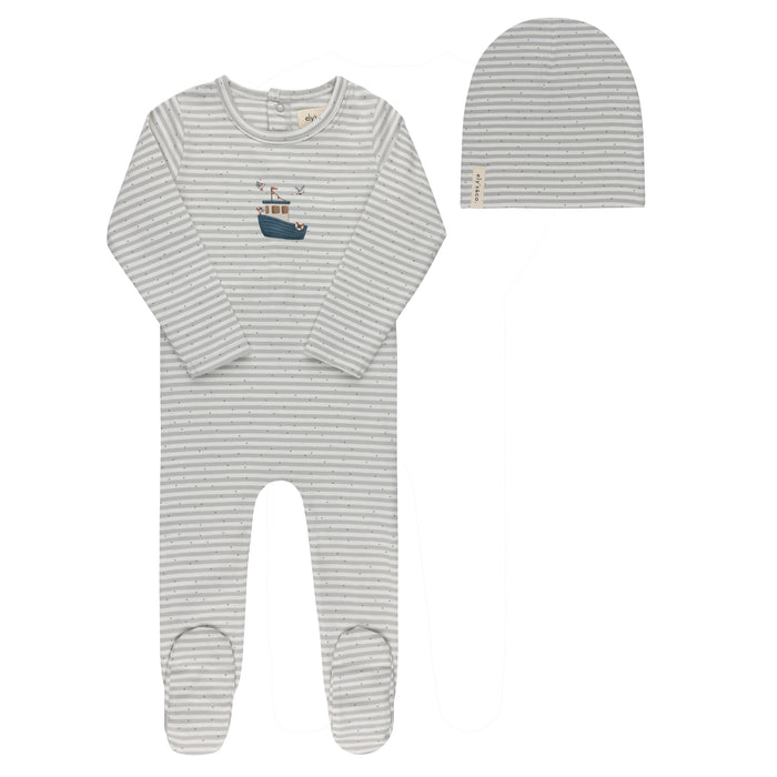 Baby Boy Footie and Beanie - Blue - Nautical Stripe