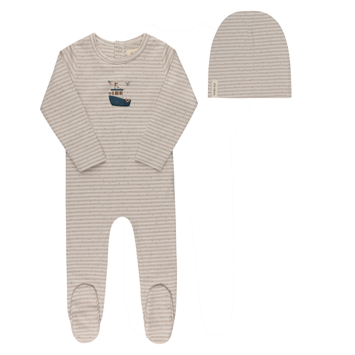 Baby Boy Footie and Beanie - Tan - Nautical Stripe