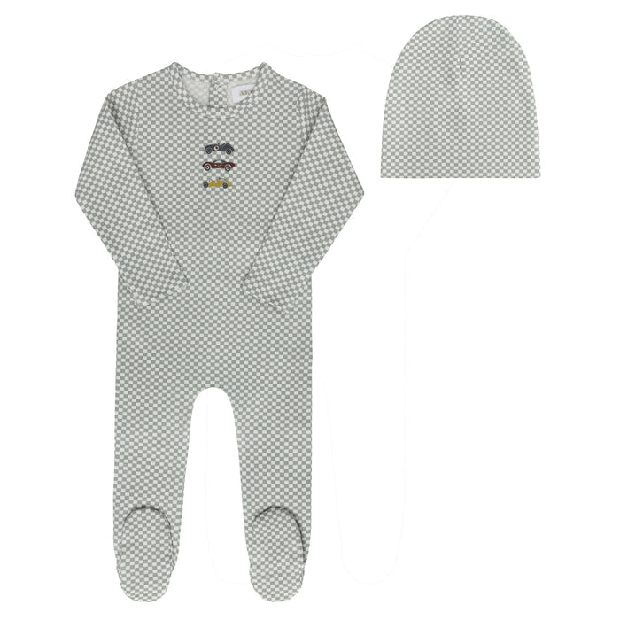 Baby Boy Footie and Beanie – Blue – Checked Race Car