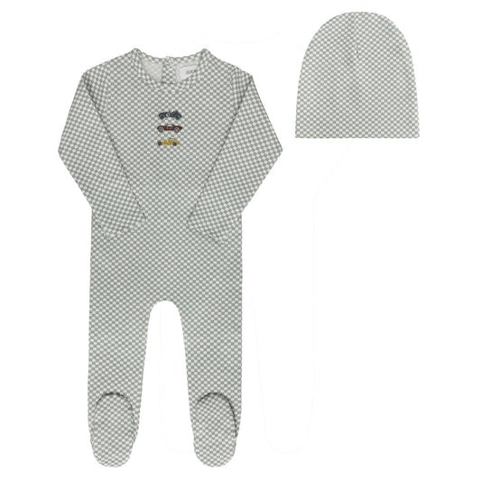 Baby Boy Footie and Beanie – Blue – Checked Race Car