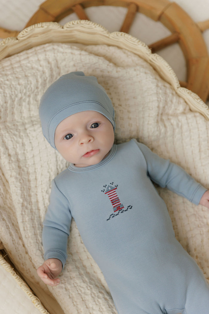 Baby Boy Footie and Beanie – Blue – Cross Stitch Lighthouse