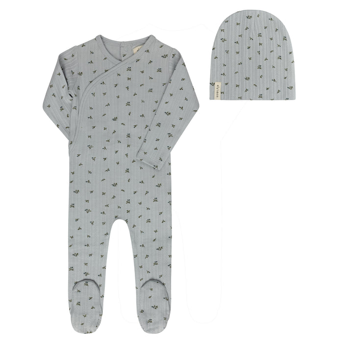Baby Boy Footie and Beanie – Blue – Floral Pointelle