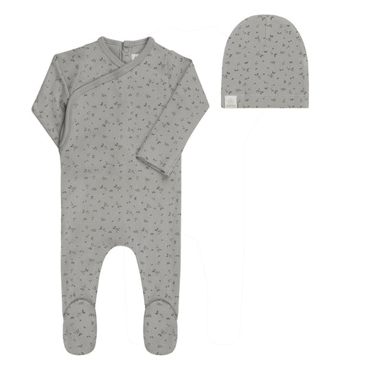 Baby Boy Footie and Beanie – Blue – Floral Rib