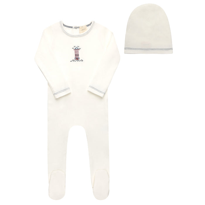 Baby Boy Footie and Beanie – Ivory Blue – Cross Stitch Lighthouse