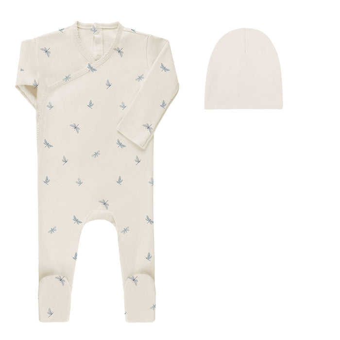 Baby Boy Footie and Beanie – Ivory Blue – Dragonfly