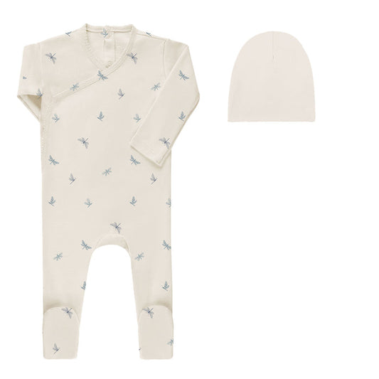 Baby Boy Footie and Beanie – Ivory Blue – Dragonfly