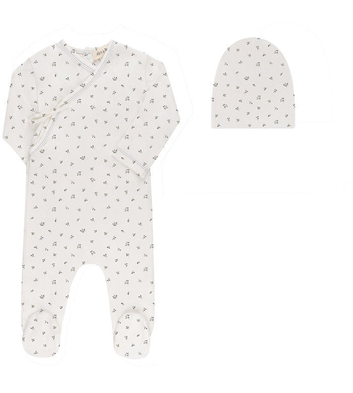 Baby Boy Footie and Beanie – Ivory Blue – Floral Pointelle