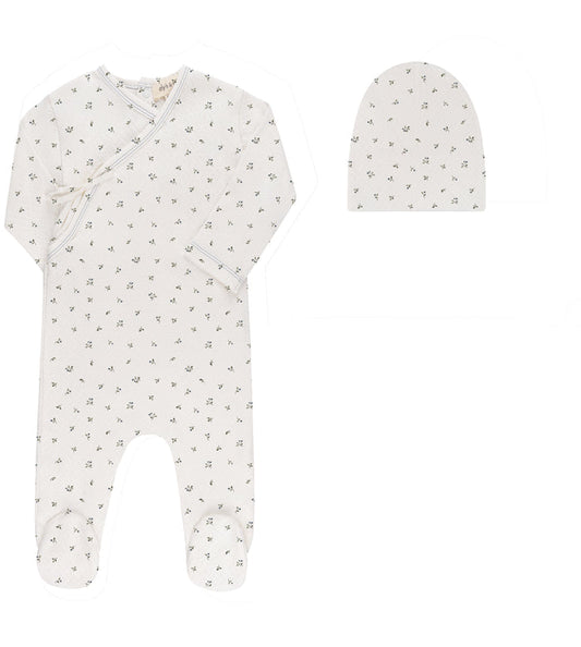 Baby Boy Footie and Beanie – Ivory Blue – Floral Pointelle