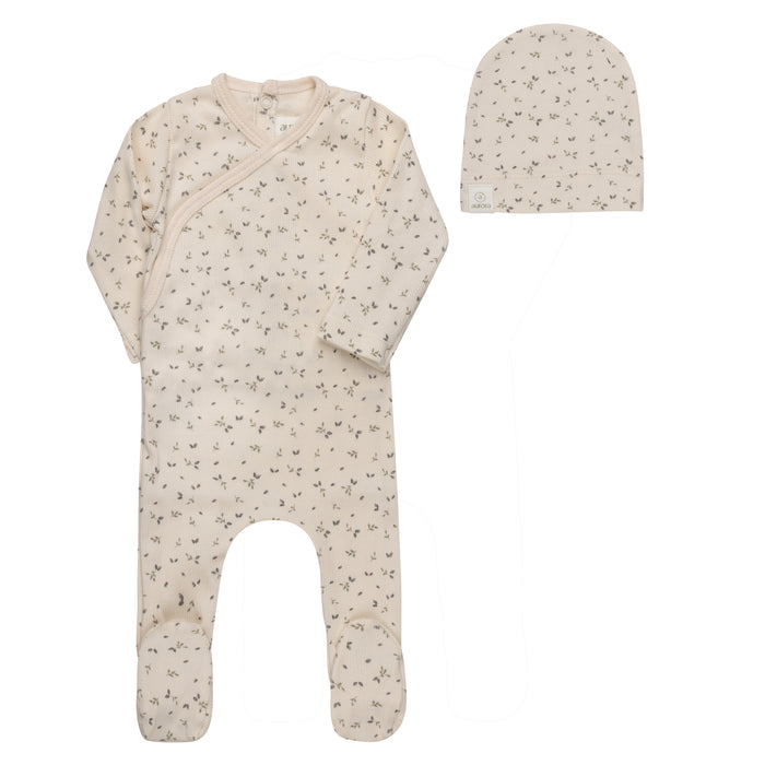 Baby Boy Footie and Beanie – Ivory Blue – Floral Rib