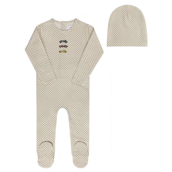 Baby Boy Footie and Beanie – Tan – Checked Race Car