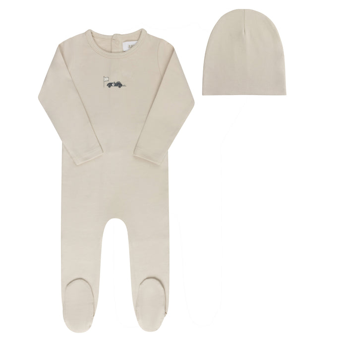 Baby Boy Footie and Beanie – Tan – Race Car