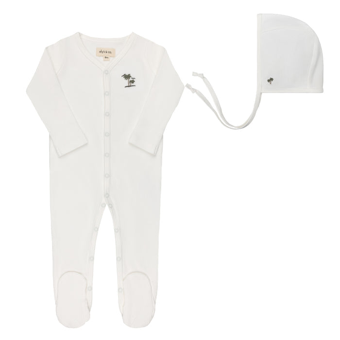 Baby Boy Footie and Bonnet - Ivory - Embroidered Palm Trees