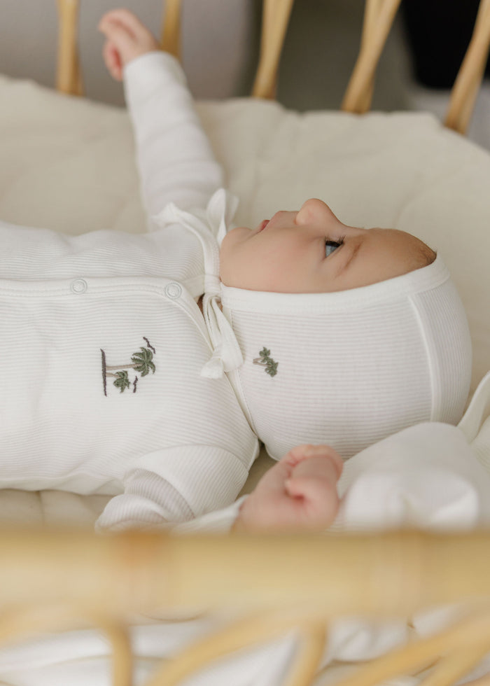Baby Boy Footie and Bonnet - Ivory - Embroidered Palm Trees