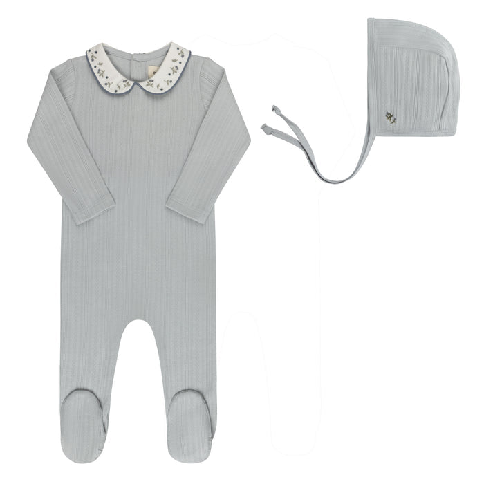 Baby Boy Footie and Bonnet – Blue – Embroidered Collar