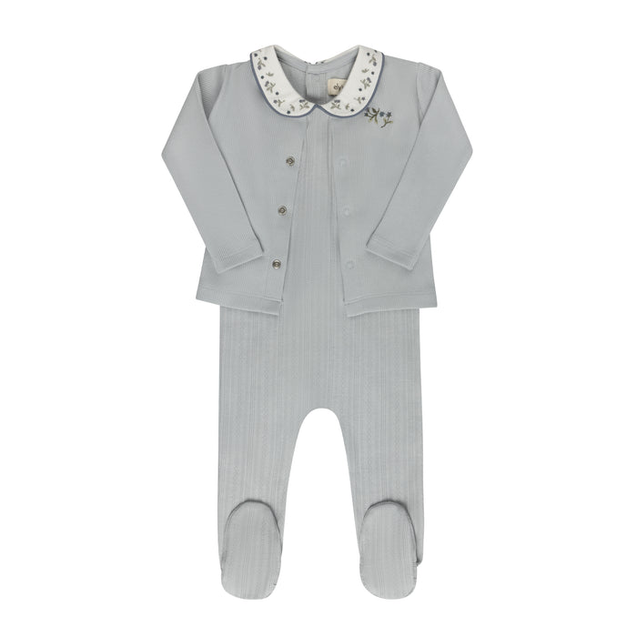 Baby Boy Footie and Bonnet – Blue – Embroidered Collar