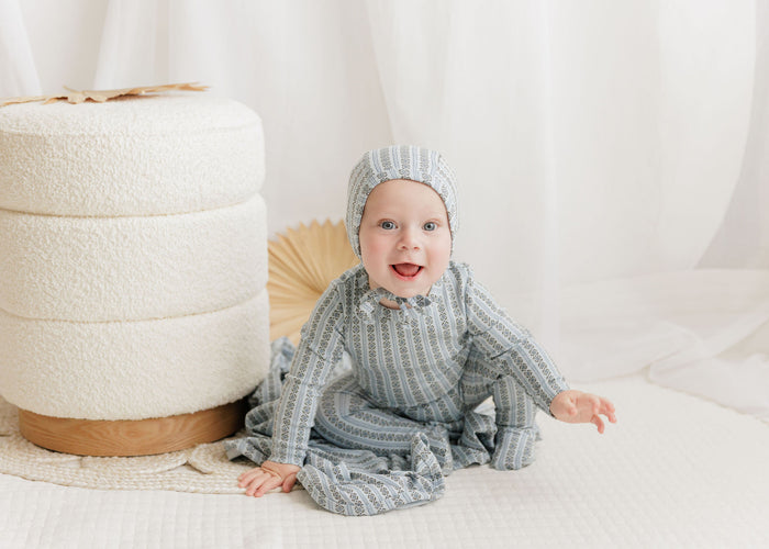 Baby Boy Footie and Bonnet – Blue – Linear Leaf