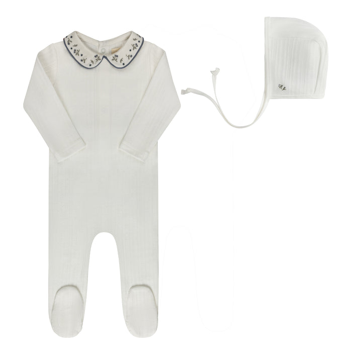Baby Boy Footie and Bonnet – Ivory Blue – Embroidered Collar