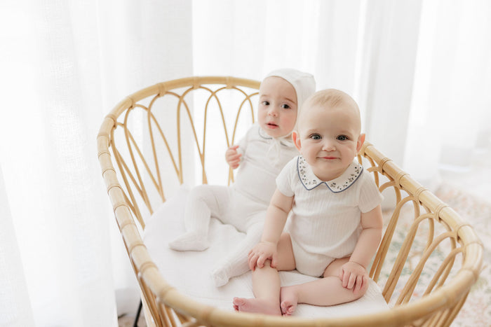 Baby Boy Footie and Bonnet – Ivory Blue – Embroidered Collar