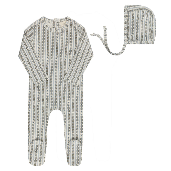 Baby Boy Footie and Bonnet – Ivory Blue – Linear Leaf