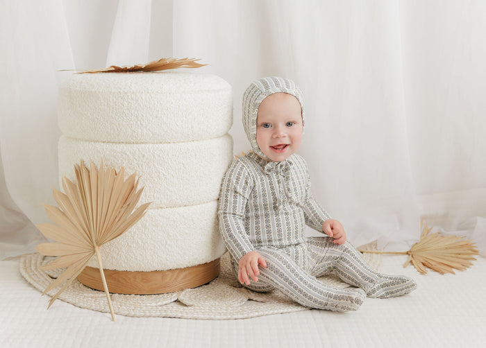 Baby Boy Footie and Bonnet – Ivory Blue – Linear Leaf