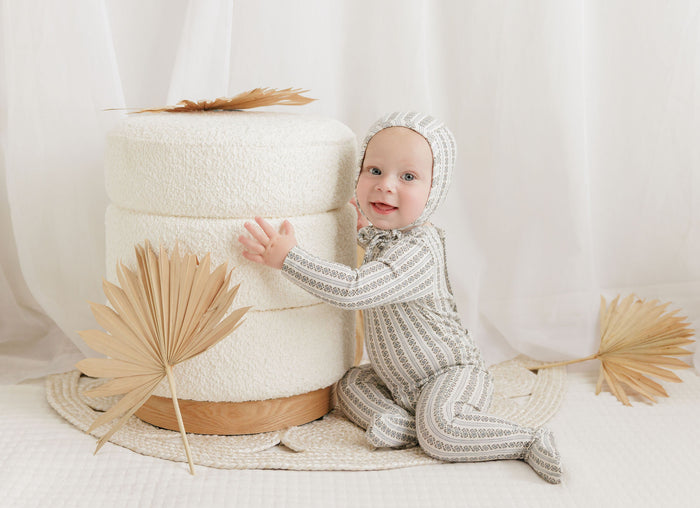 Baby Boy Footie and Bonnet – Ivory Blue – Linear Leaf