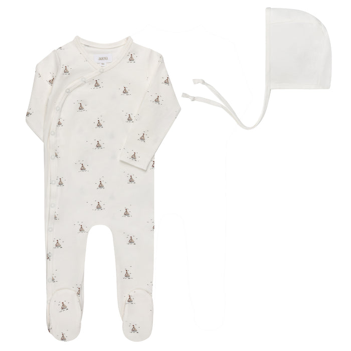 Baby Boy Footie and Bonnet – Ivory Blue – Nautical Print