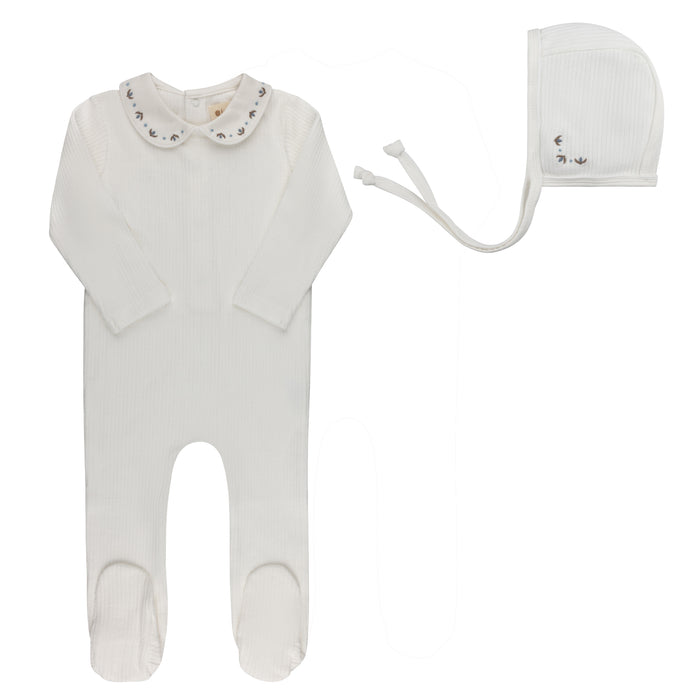 Baby Boy Footie and Bonnet – Ivory/Blue – Keepsake Collection