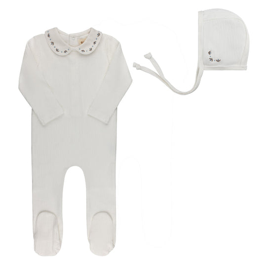 Baby Boy Footie and Bonnet – Ivory/Blue – Keepsake Collection