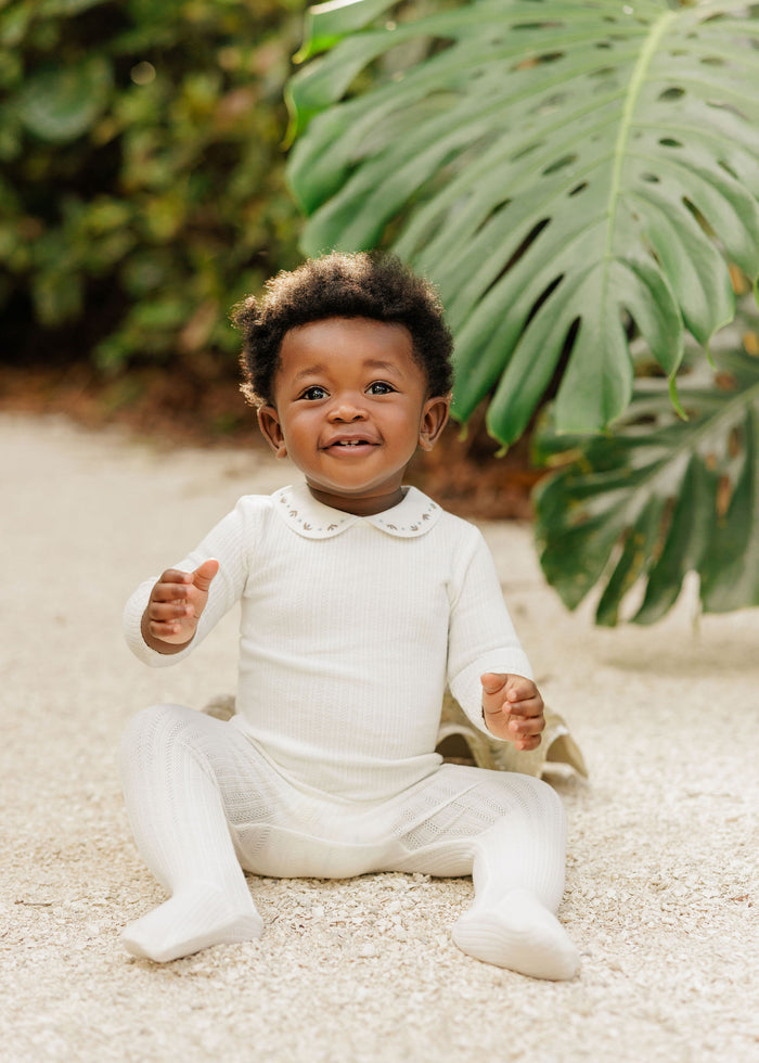 Baby Boy Footie and Bonnet – Ivory/Blue – Keepsake Collection