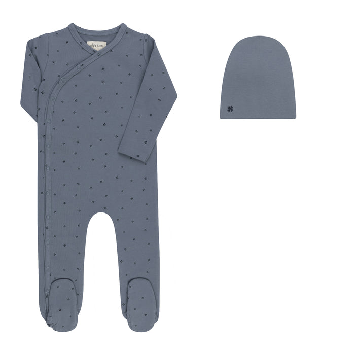 Baby Boy Footie & Beanie – Blue – Clover Print