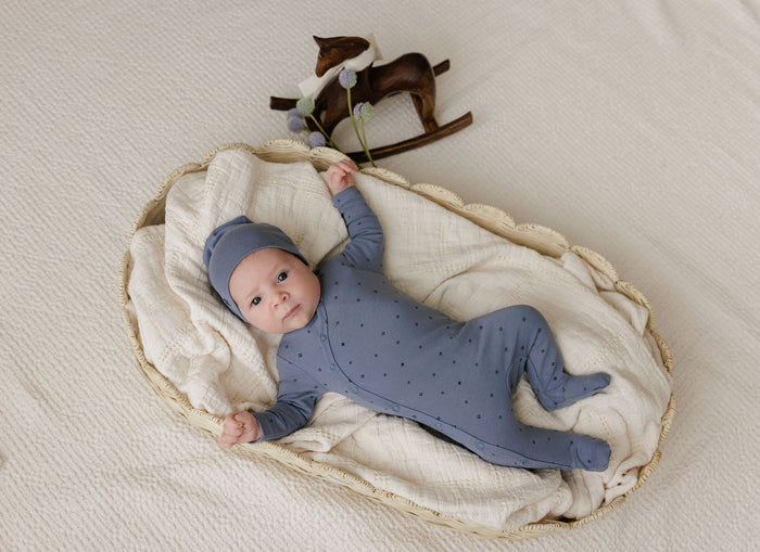 Baby Boy Footie & Beanie – Blue – Clover Print