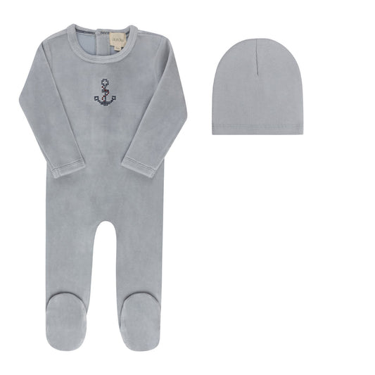 Baby Boy Footie & Beanie – Blue – Cross Stitch