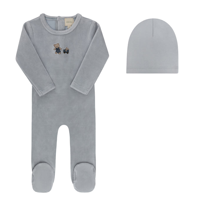 Baby Boy Footie & Beanie – Blue – Embroidered Bear