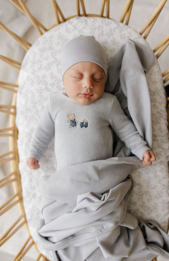 Baby Boy Footie & Beanie – Blue – Embroidered Bear