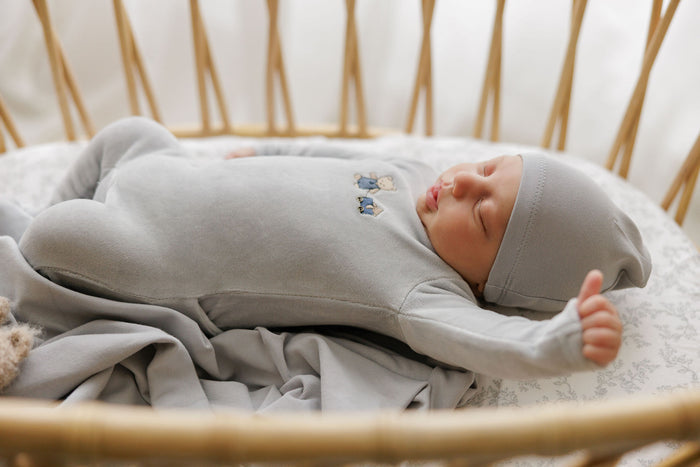 Baby Boy Footie & Beanie – Blue – Embroidered Bear