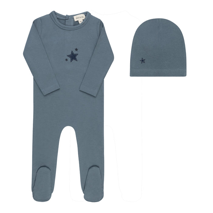 Baby Boy Footie & Beanie – Blue – Heart & Star