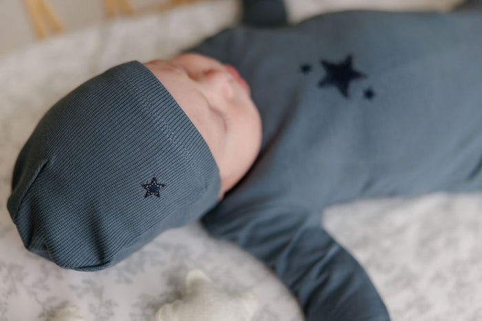Baby Boy Footie & Beanie – Blue – Heart & Star