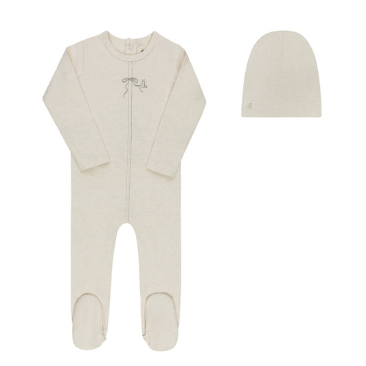 Baby Boy Footie & Beanie – Cream Charcoal – Bird Seam