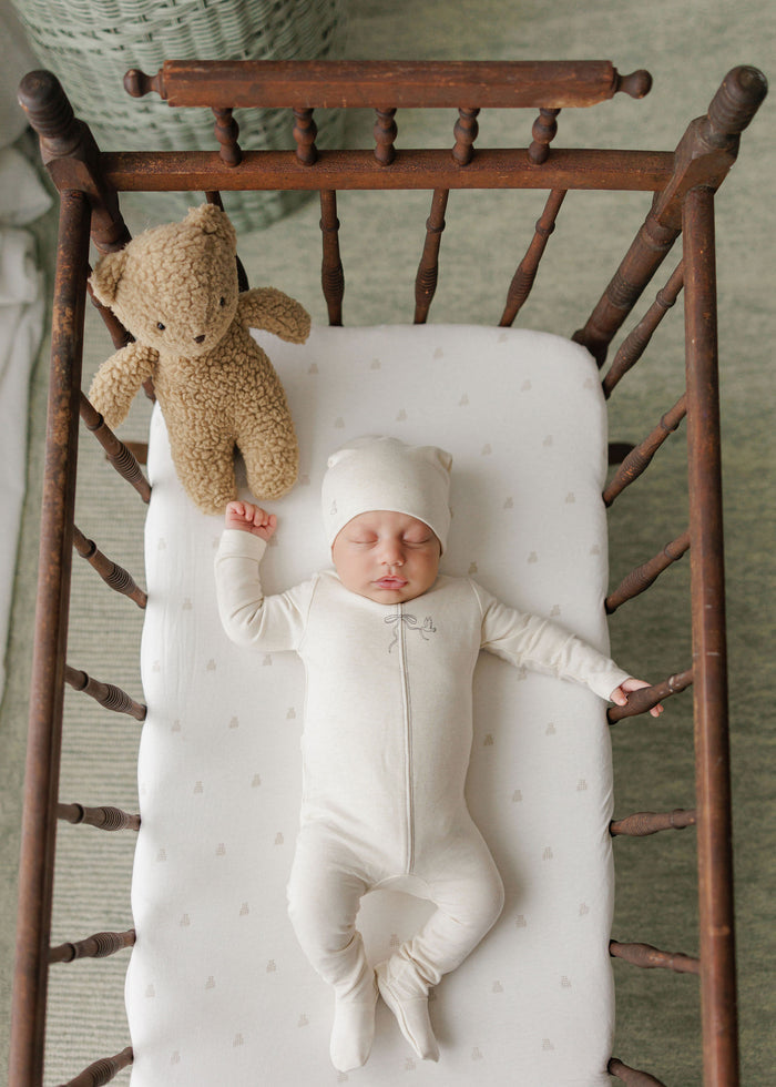 Baby Boy Footie & Beanie – Cream Charcoal – Bird Seam