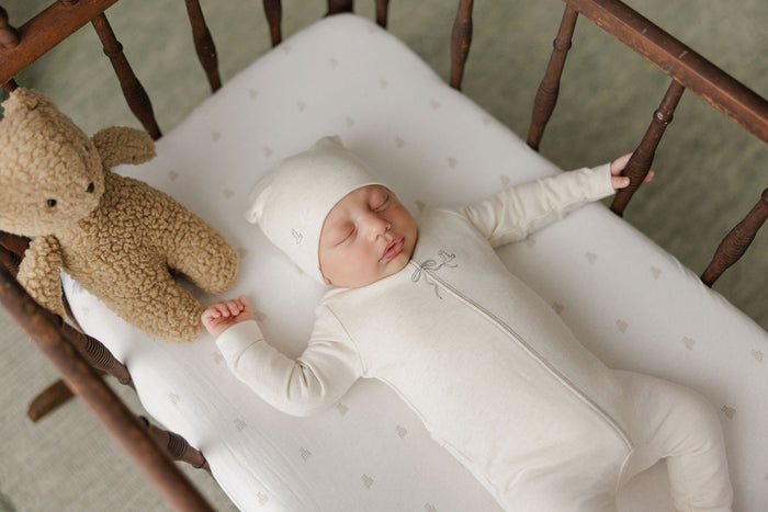 Baby Boy Footie & Beanie – Cream Charcoal – Bird Seam