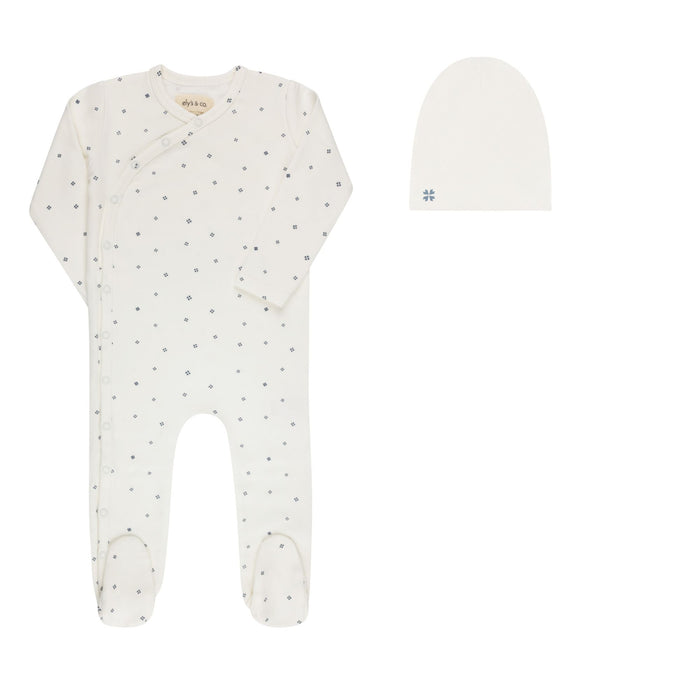 Baby Boy Footie & Beanie – Ivory Blue – Clover Print