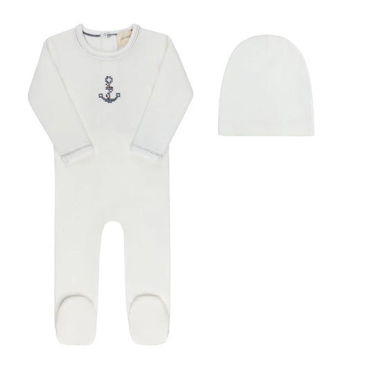 Baby Boy Footie & Beanie – Ivory Boy – Cross Stitch