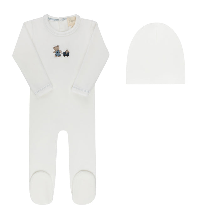 Baby Boy Footie & Beanie – Ivory Boy – Embroidered Bear