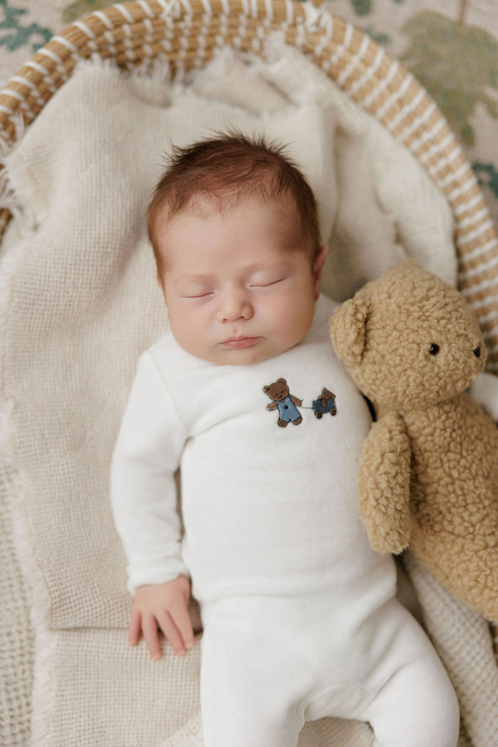 Baby Boy Footie & Beanie – Ivory Boy – Embroidered Bear