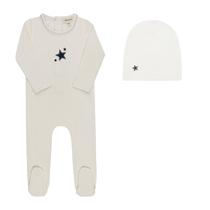 Baby Boy Footie & Beanie – Ivory/Blue – Heart & Star