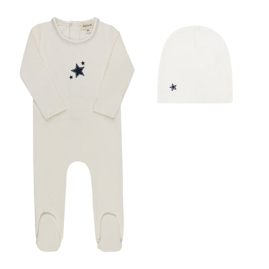 Baby Boy Footie & Beanie – Ivory/Blue – Heart & Star