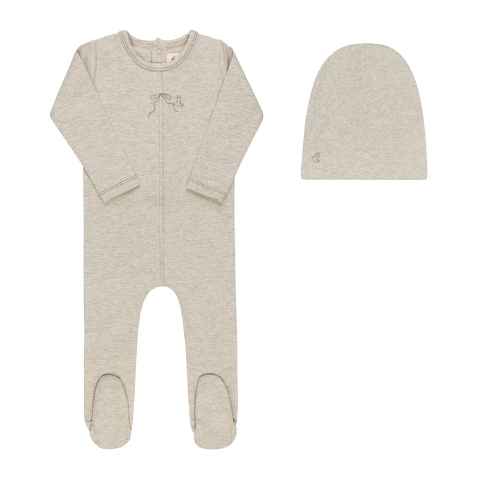 Baby Boy Footie & Beanie – Tan – Bird Seam