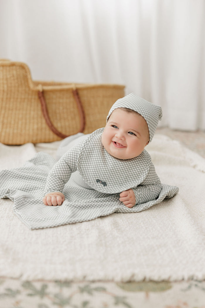 Baby Boy Footie – Blue – Checked Race Car